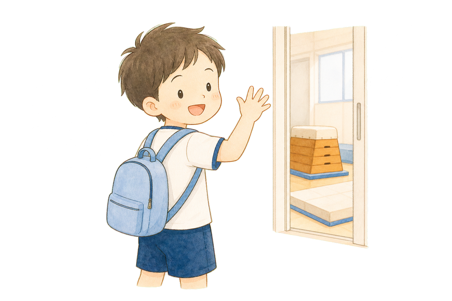 体操教室の入口で振り返って手を振る子ども